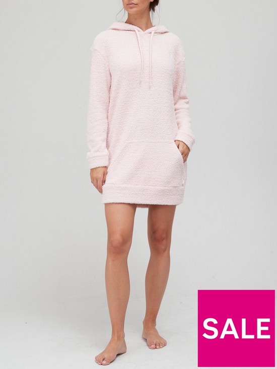 front image of calvin-klein-one-super-soft-lounge-hoodie-dress-pink