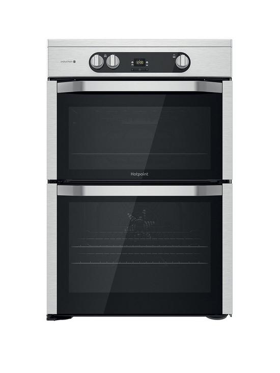 front image of hotpoint-hdm67i9h2cx-60cm-wide-double-ovennbspelectric-cooker-withnbspinduction-hob-stainless-steel