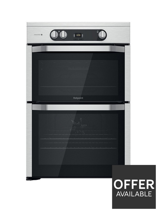 front image of hotpoint-hdm67i9h2cx-60cm-wide-double-ovennbspelectric-cooker-withnbspinduction-hob-stainless-steel