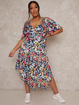 Chi Chi London Curve Short Sleeve Floral Print Midi Dress - Multi