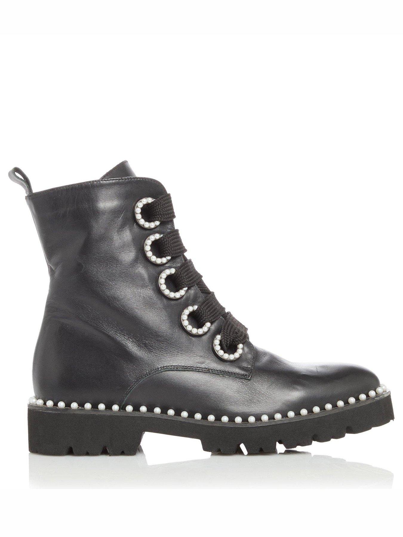 Dune London Purla Leather Pearl Eyelet Biker Ankle Boot - Black | very ...