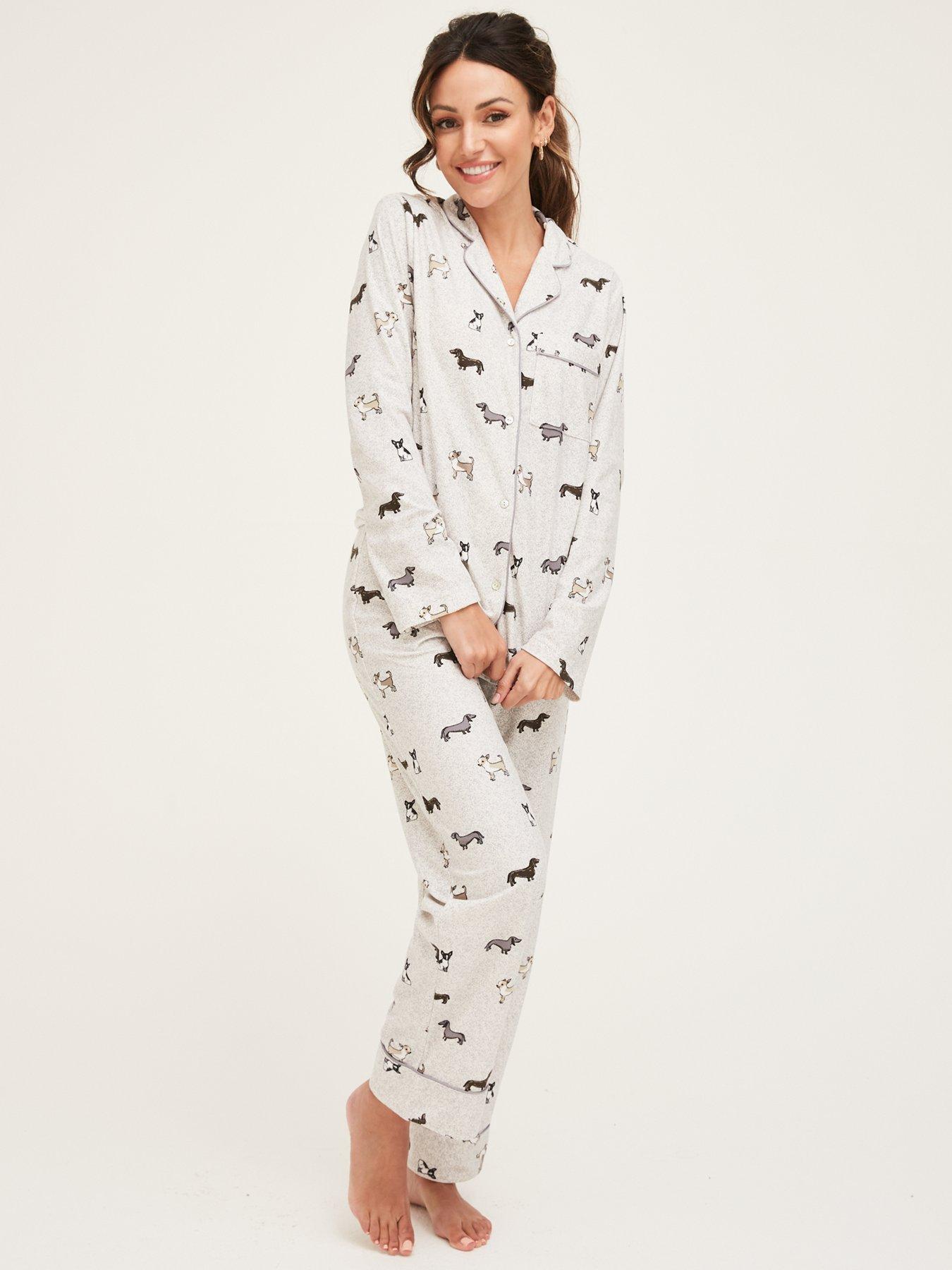 Women Soft Touch 2 Piece Dog Print Pyjama Gift Set - Grey