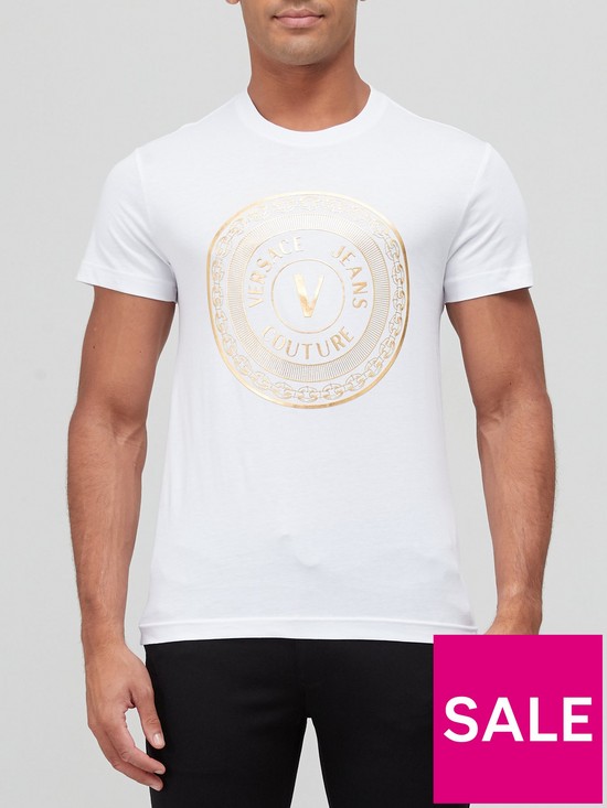 front image of versace-jeans-couture-large-gold-circle-logo-t-shirt-white