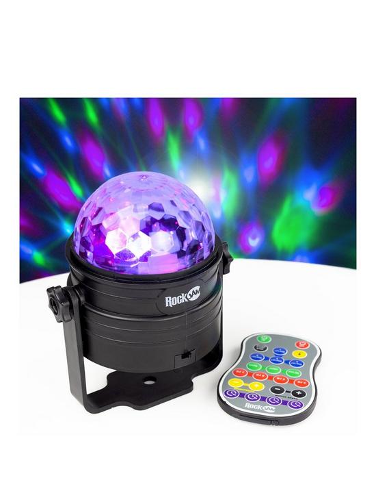 front image of rockjam-rechargeable-wireless-party-lights-6watt-led-sound-activated-disco-ball-with-remote-control