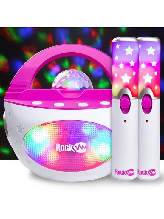 front image of rockjam-k-pop-rechargeable-bluetooth-karaoke-machine-with-two-wireless-microphones-pink