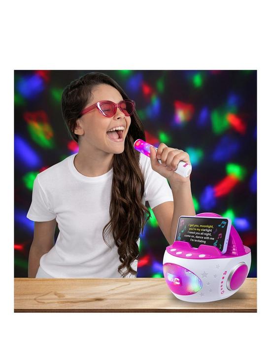 stillFront image of rockjam-k-pop-rechargeable-bluetooth-karaoke-machine-with-two-wireless-microphones-pink