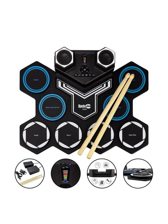 front image of rockjam-rechargeable-bluetooth-roll-up-drum-kit-with-inbuilt-speakers-amp-drumsticks