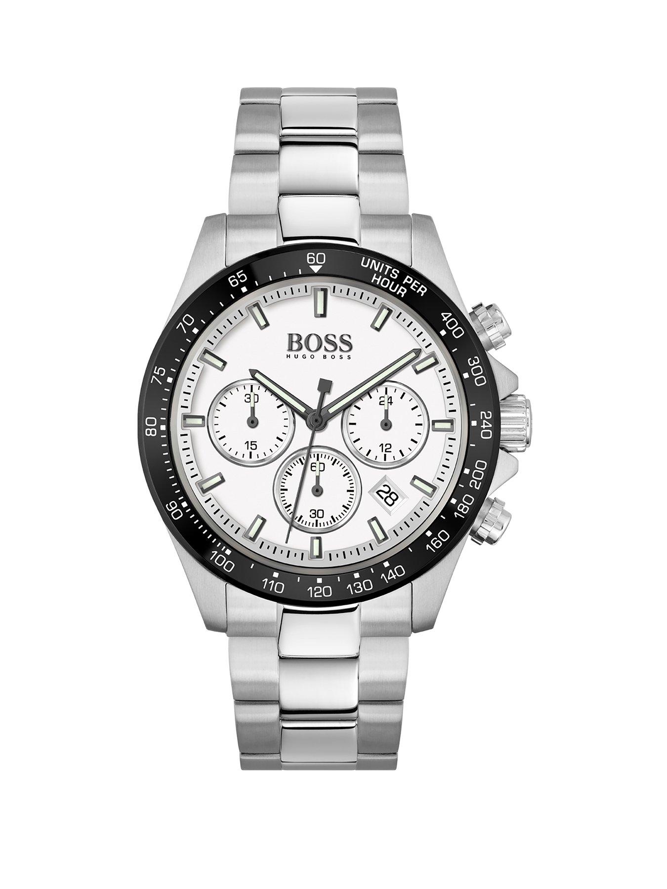 Men Boss Hero White Chronograph Dial Black Bezel Stainless Steel Bracelet Watch
