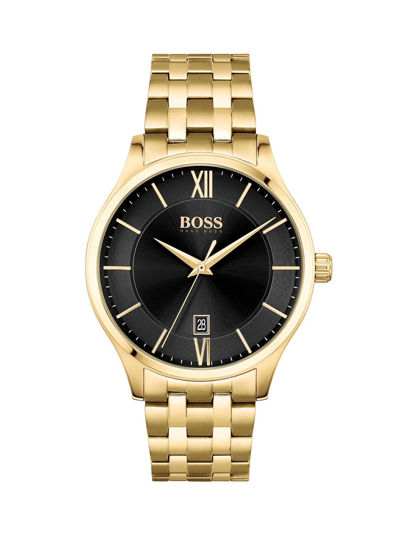 Men Boss Black Date Dial Gold Tone Stainless Steel Bracelet Watch