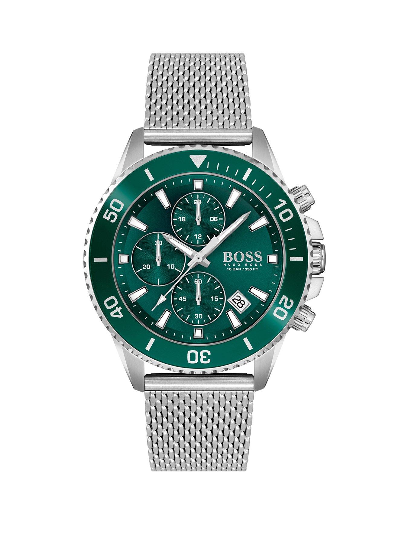 Product photograph of Boss Admiral Green Chronograph Stainless Steel Mesh Bracelet Watch from very.co.uk