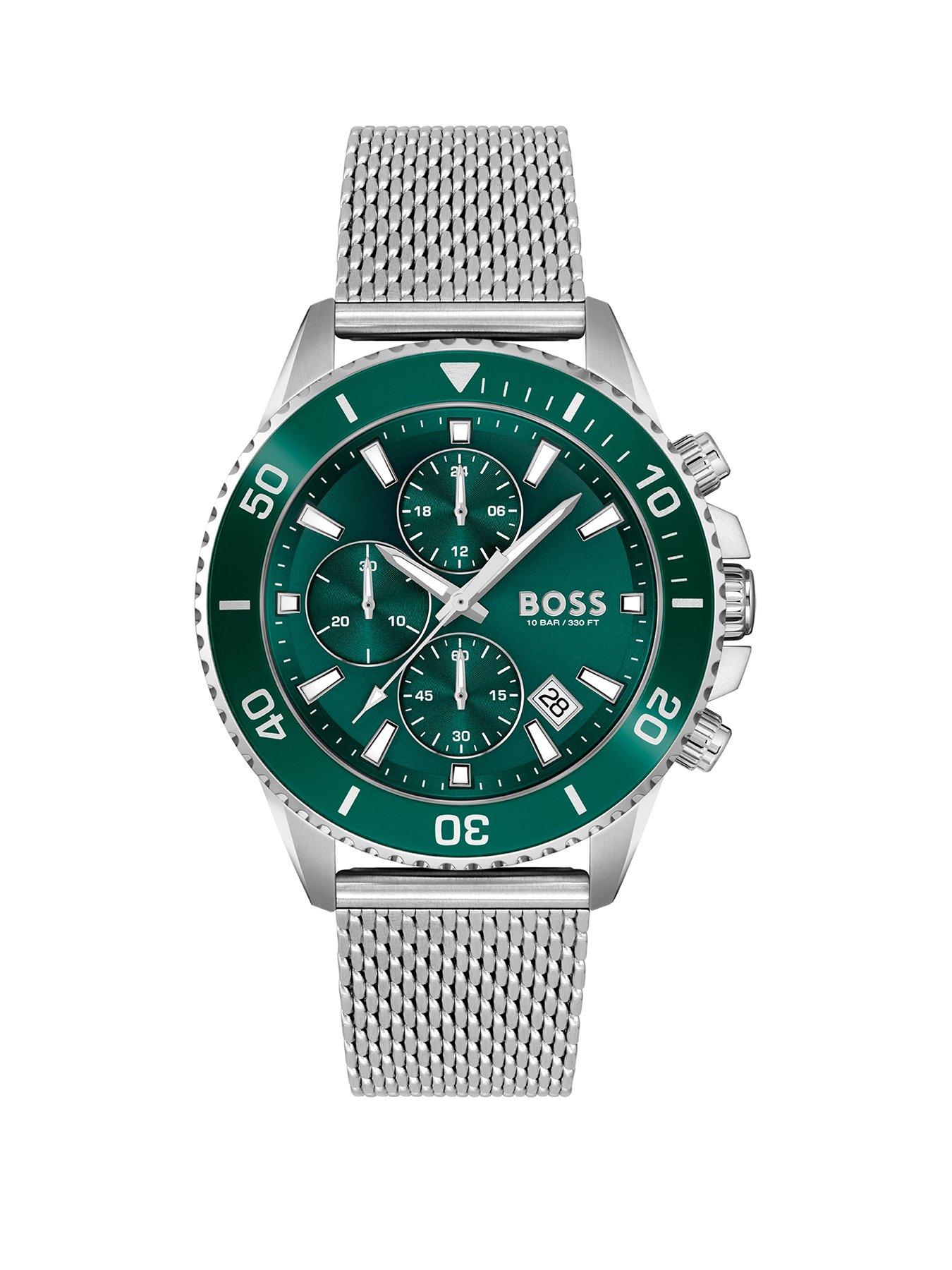 Product photograph of Boss Admiral Green Chronograph Stainless Steel Mesh Bracelet Watch from very.co.uk