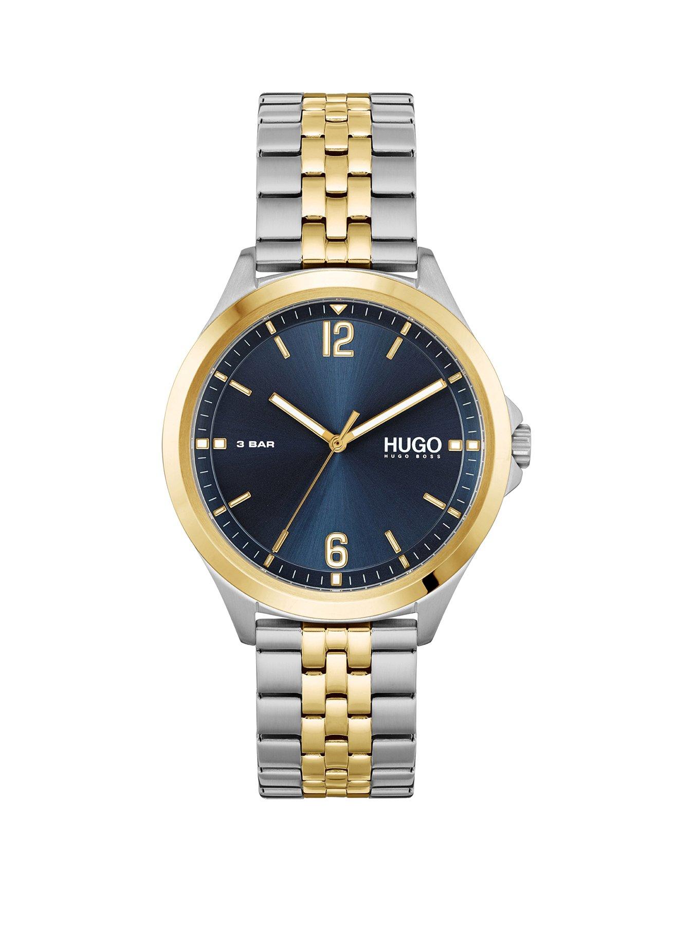 Product photograph of Hugo Blue Dial Gold Tone Bezel Stainless Steel Two Tone Bracelet Watch from very.co.uk