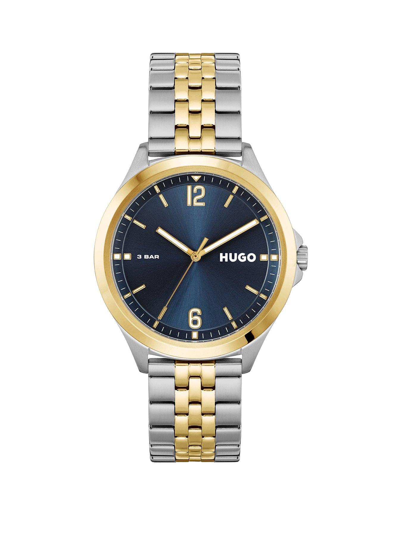 Product photograph of Hugo Blue Dial Gold Tone Bezel Stainless Steel Two Tone Bracelet Watch from very.co.uk