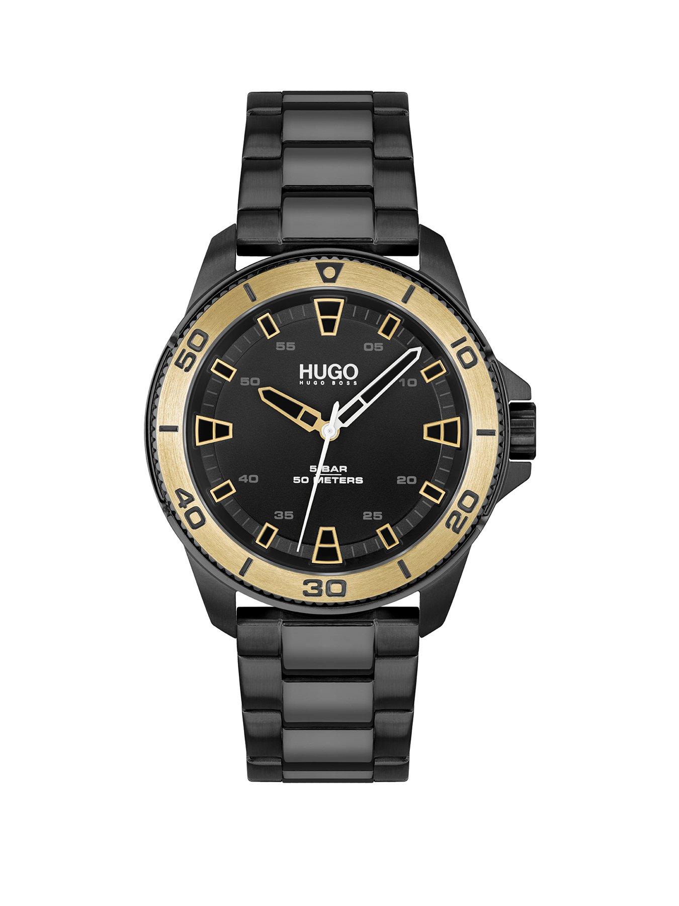  Hugo Black Dial Gold Tone Bezel Bracelet Watch