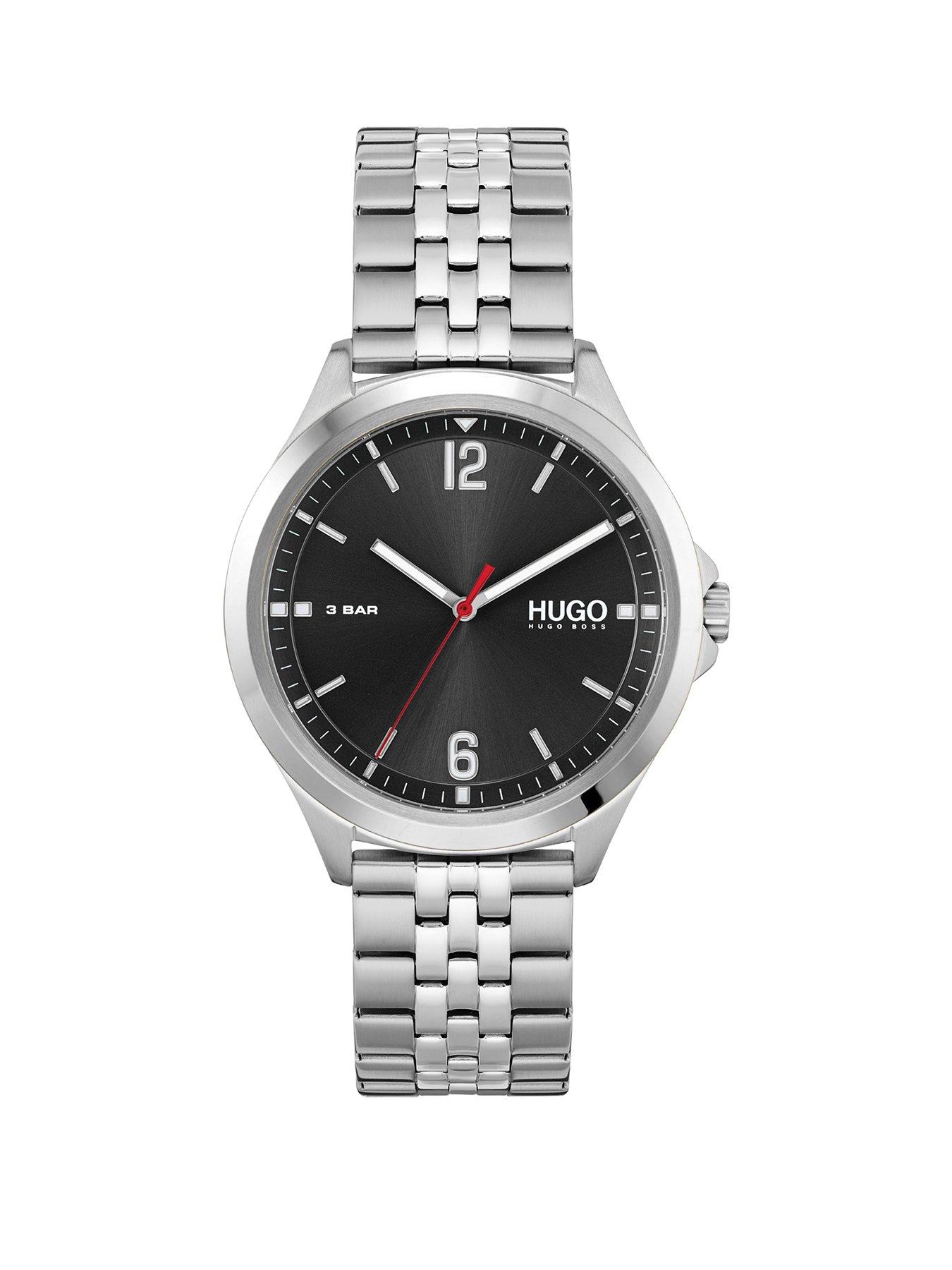 Product photograph of Hugo Black Dial Red Accent Hand Stainless Steel Watch from very.co.uk