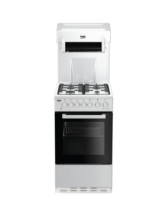 front image of beko-ka52new-50cm-wide-single-oven-high-level-grill-gas-cooker-white