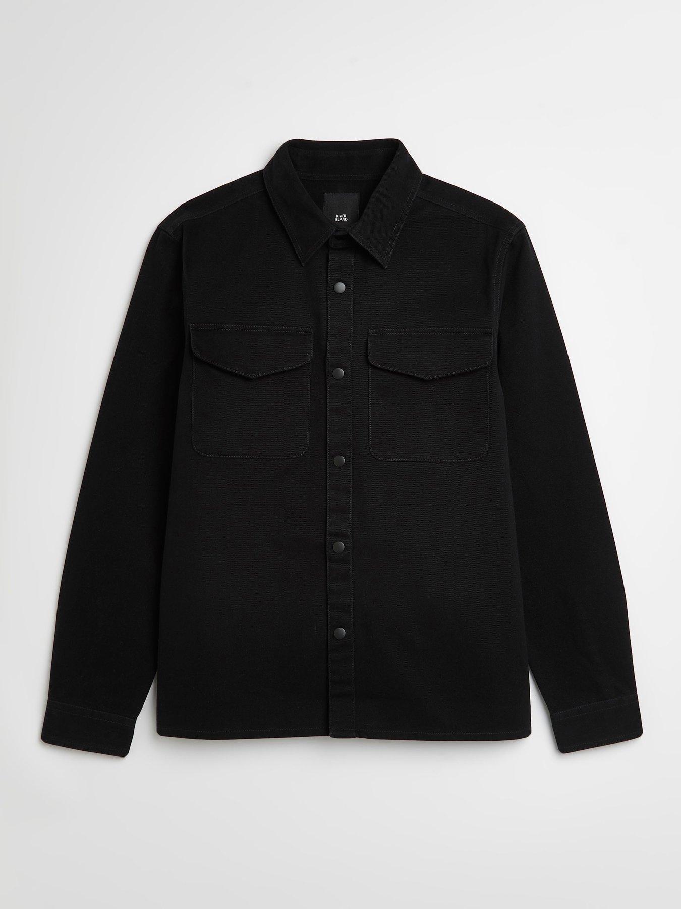 Men Big & Tall Long Sleeve Double Pocket Overshirt  - Black