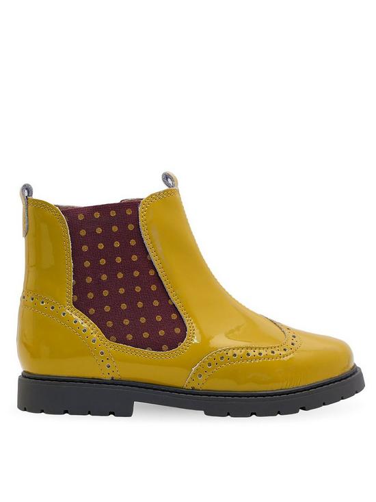 front image of start-rite-chelsea-patent-leather-spotty-girls-zip-up-boots-yellow