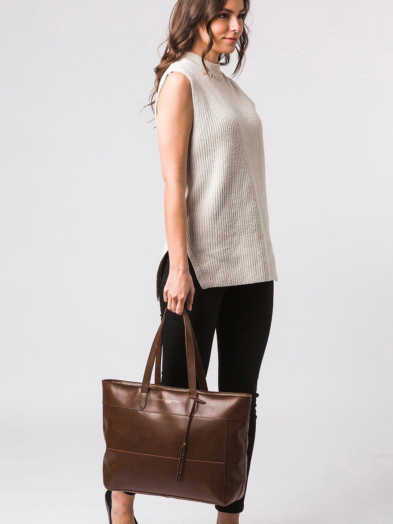 Exclusive Milton Large Zip Top Leather Tote Bag Chestnut