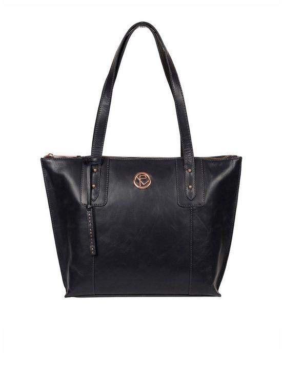front image of pure-luxuries-london-goya-leather-zip-top-tote-bag-navy