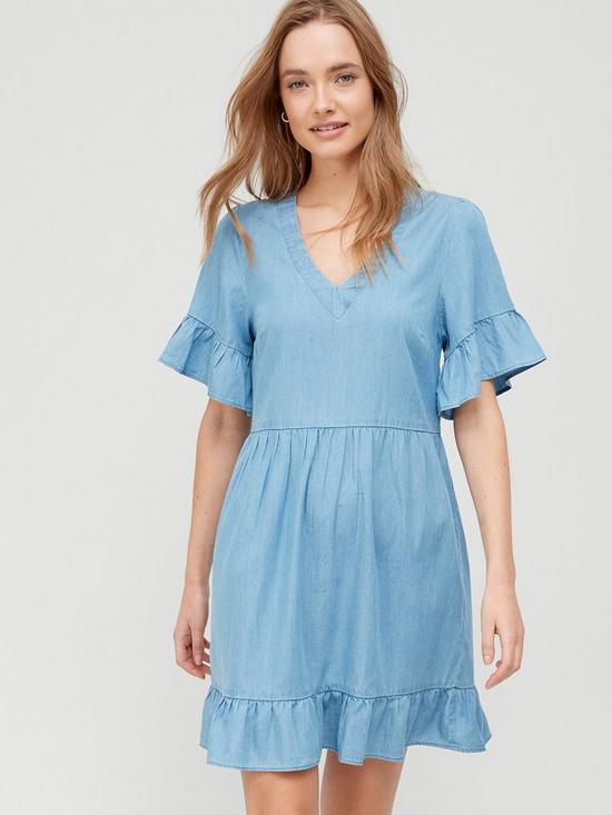 front image of v-by-very-chambray-frill-mini-beach-dress