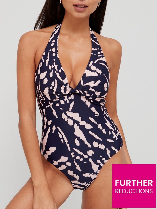 front image of v-by-very-shape-enhancing-knot-front-halter-neck-swimsuit-navy