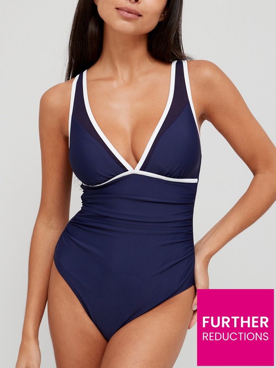 front image of v-by-very-shape-enhancing-mesh-panel-detail-swimsuit-navy