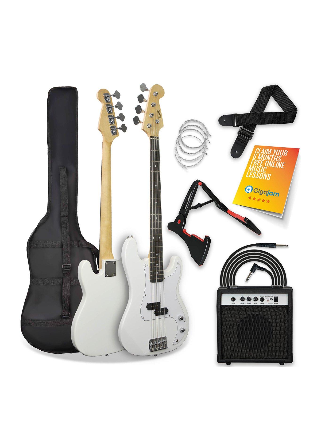 Full Size Bass Guitar Ultimate Kit with 15W Amp 6 Months FREE Lessons White