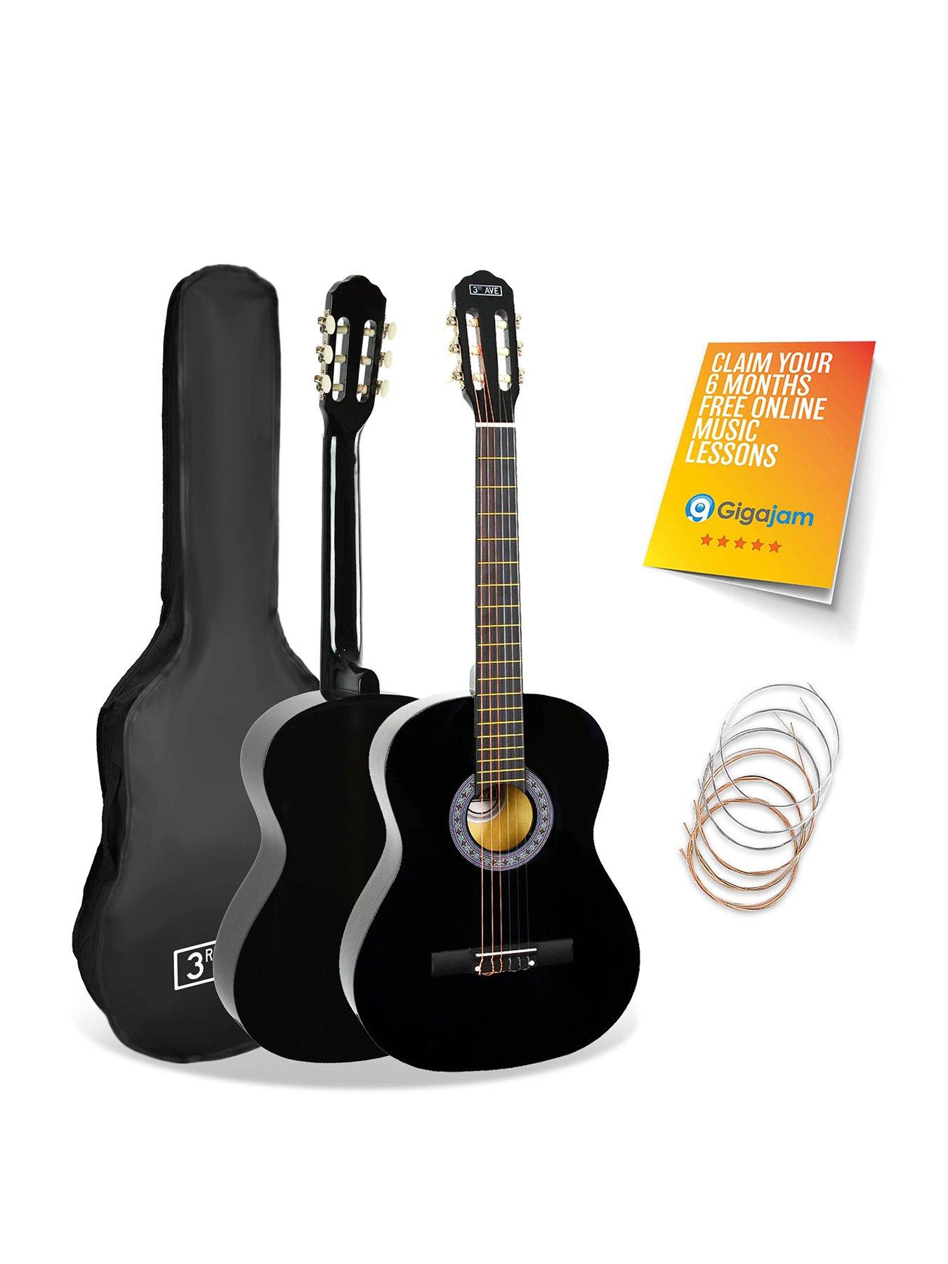 3rd Avenue Full Size 4/4 Classical Guitar Beginner Bundle - 6 Months FREE Lessons - Black