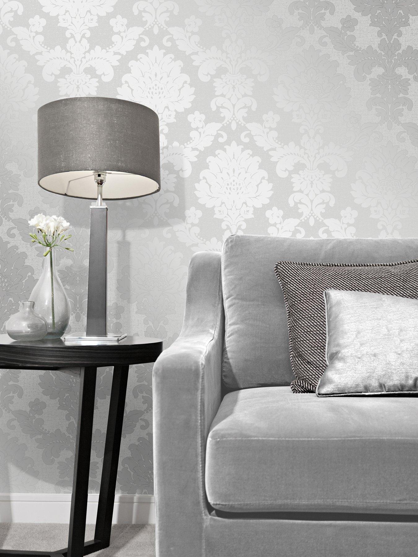 Fine Decor Quartz Damask Silver Glitter Wallpaper