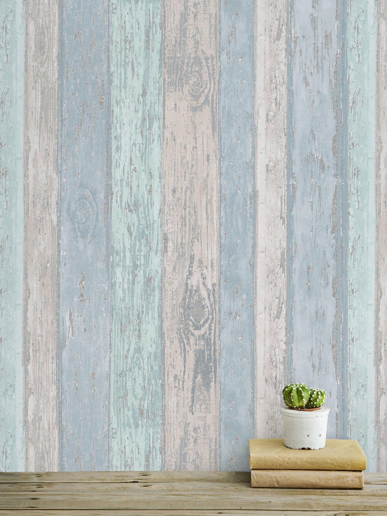 undefined Blue Distressed Wood Wallpaper