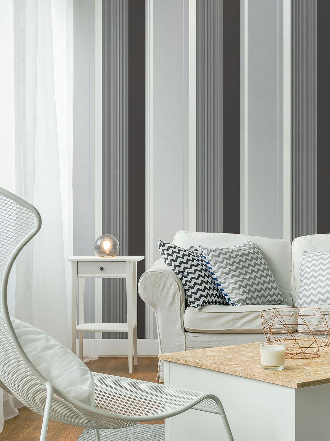 Product photograph of Crown Millie Charcoal Black Silver White Stripe Wallpaper from very.co.uk