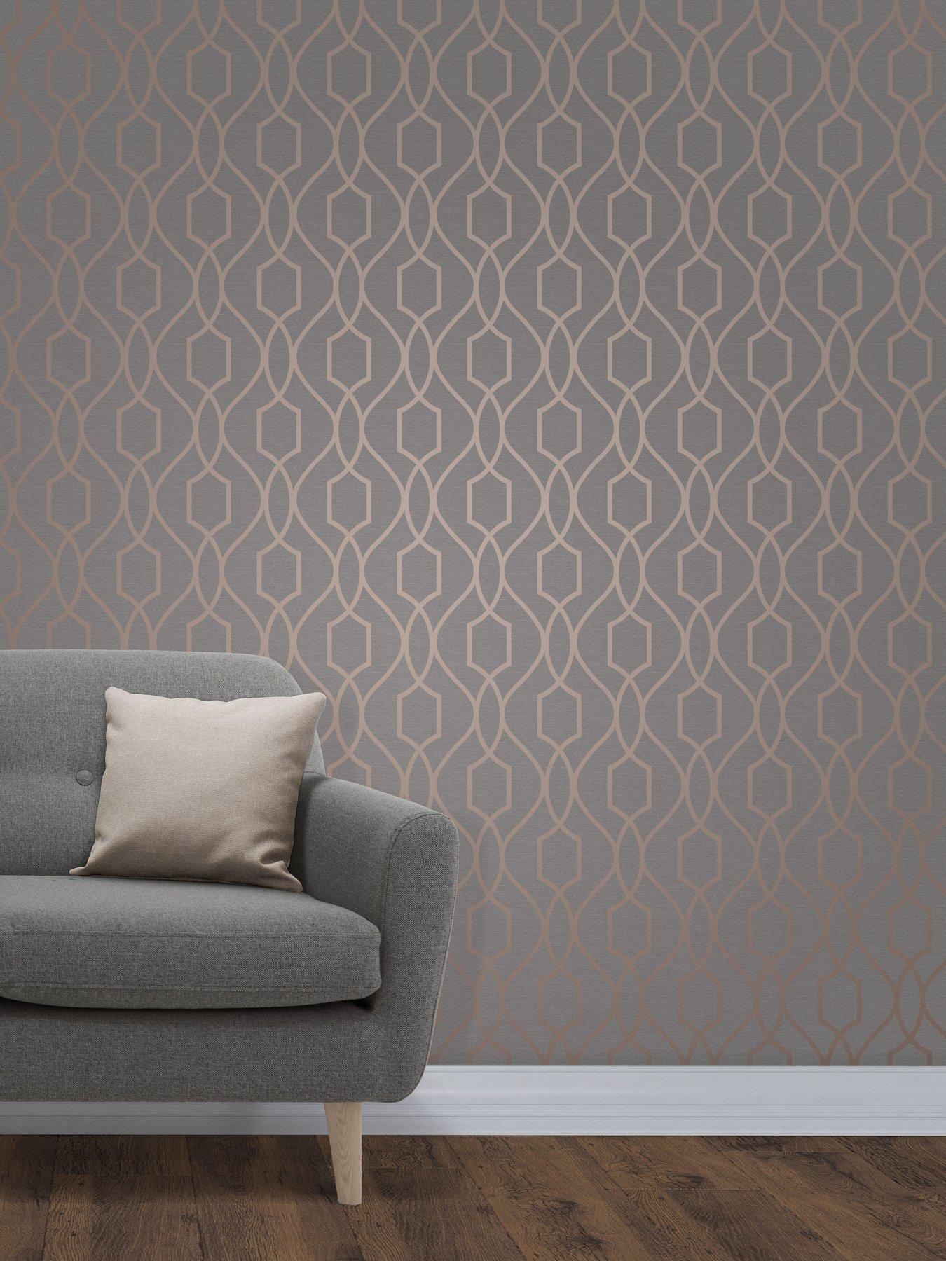Product photograph of Fine D Cor Apex Geo Trellis Copper Charcoal Wallpaper from very.co.uk