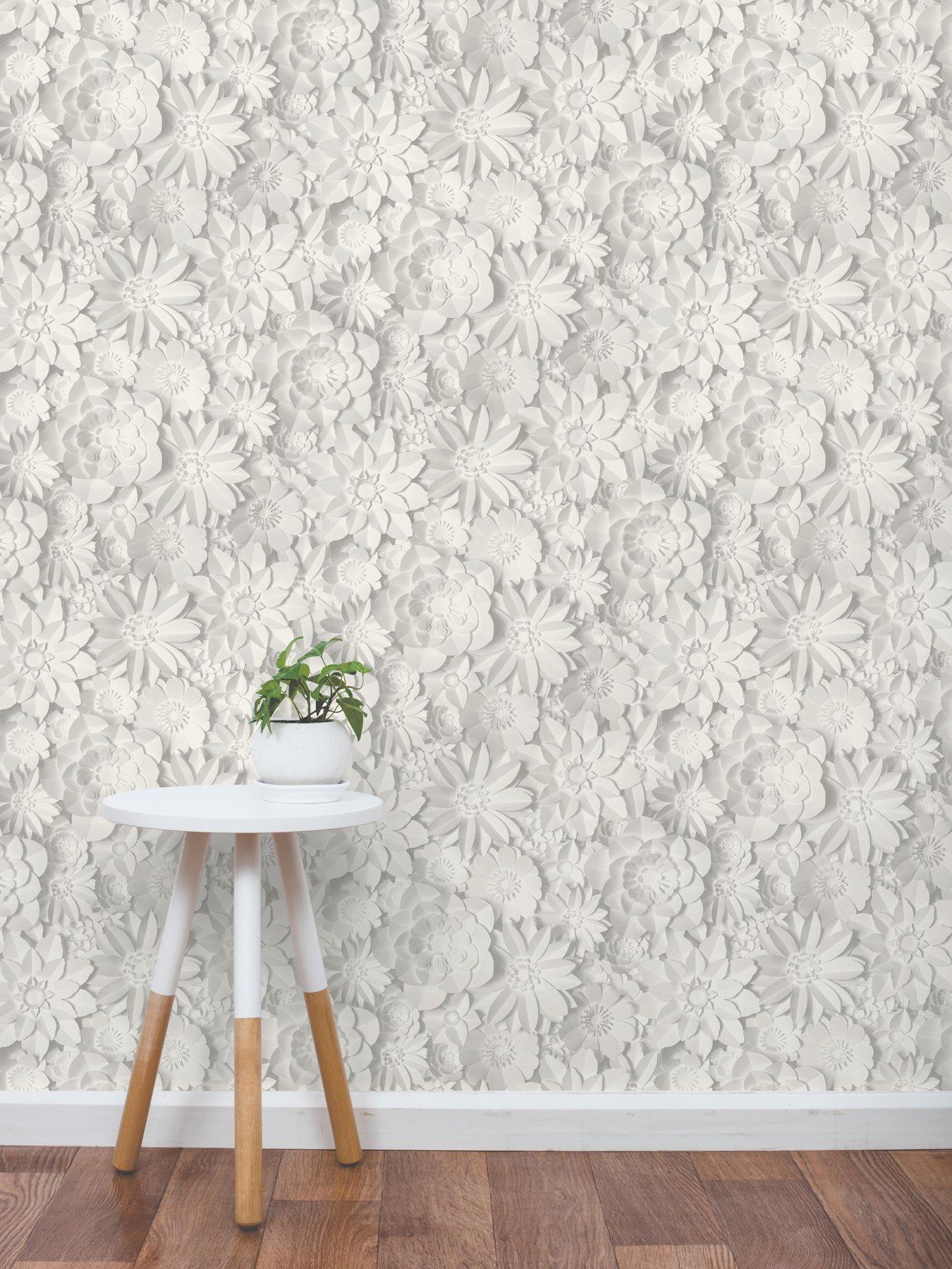 undefined 3D Effect Floral White and Grey Wallpaper