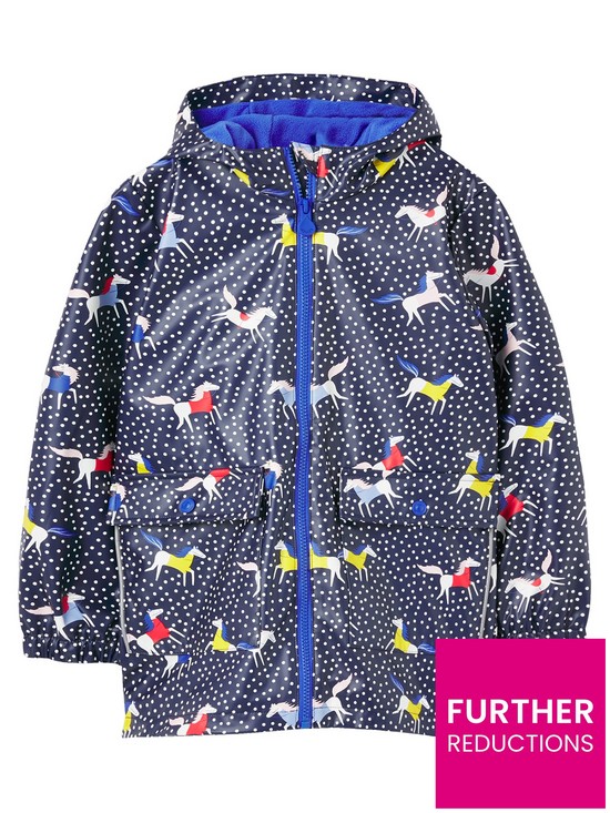 front image of joules-girls-raindance-horse-spot-raincoat-navy