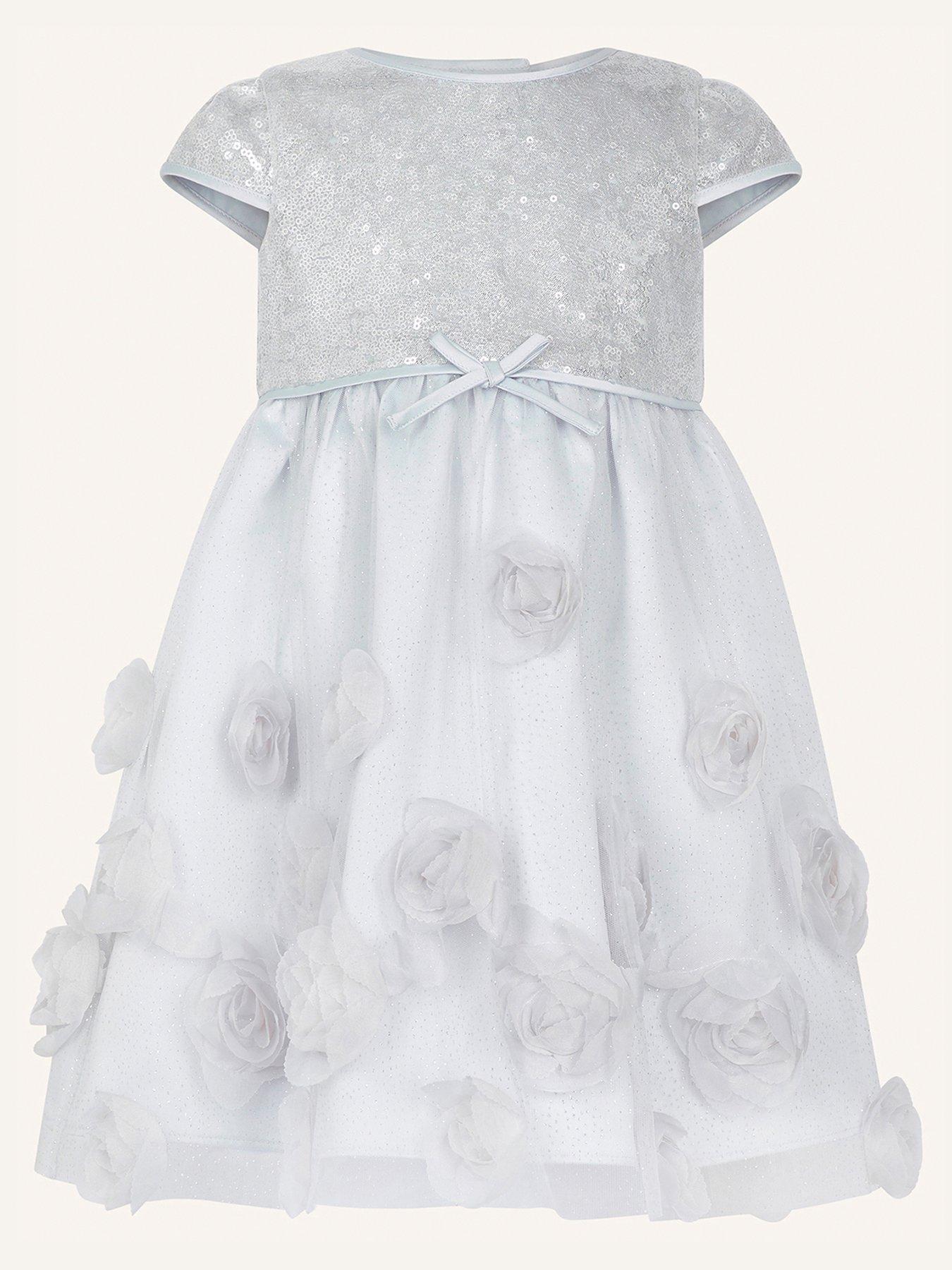  Baby Girls 3d Roses Sequin Dress - Silver