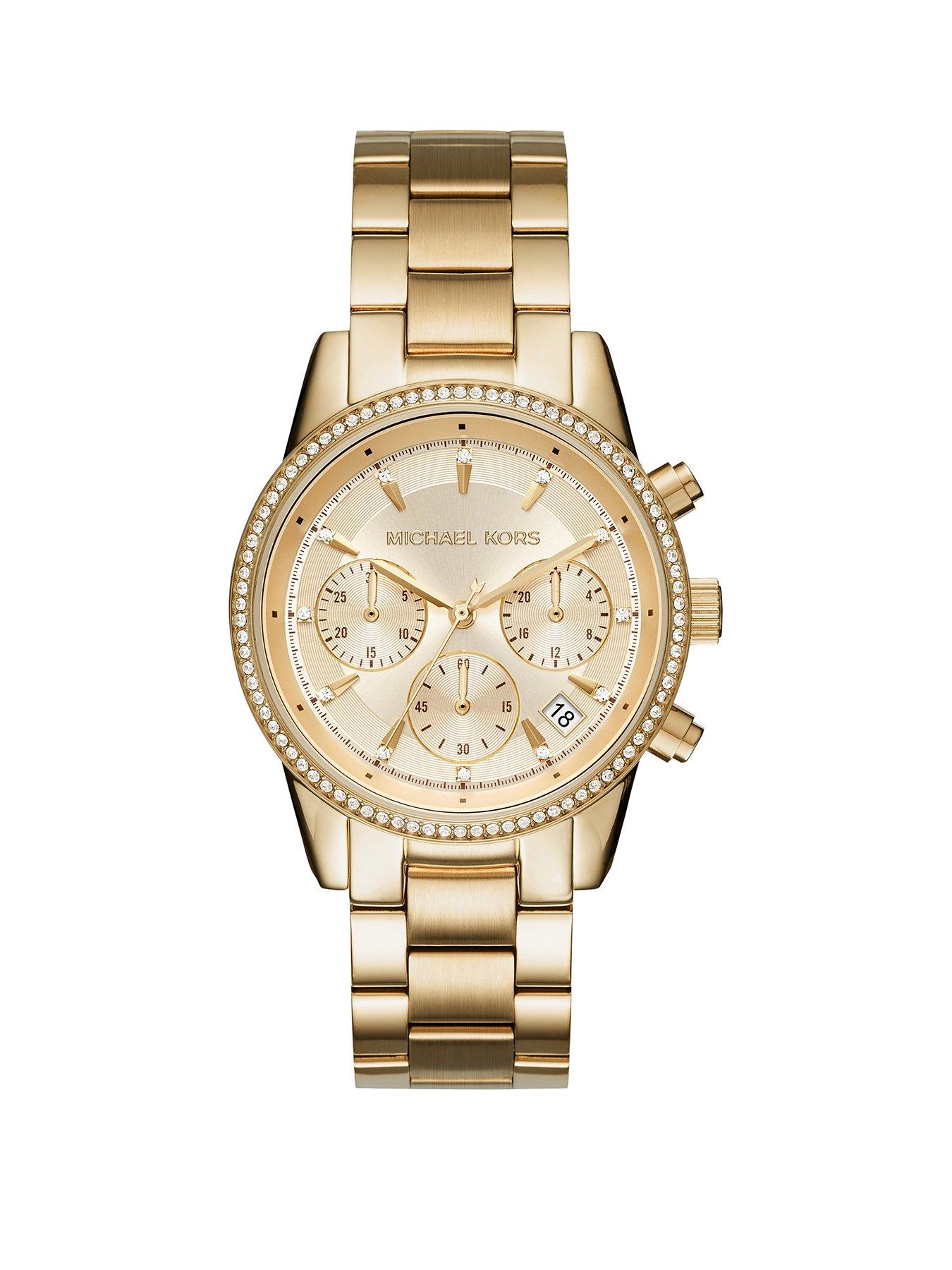 Product photograph of Michael Kors Ritz Chronograph Gold-tone Stainless Steel Watch from very.co.uk