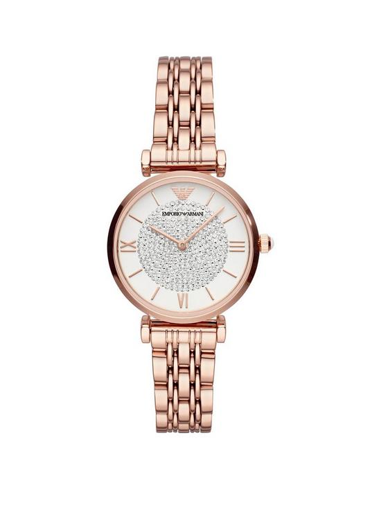front image of emporio-armani-womens-two-hand-rose-gold-tone-stainless-steel-watch