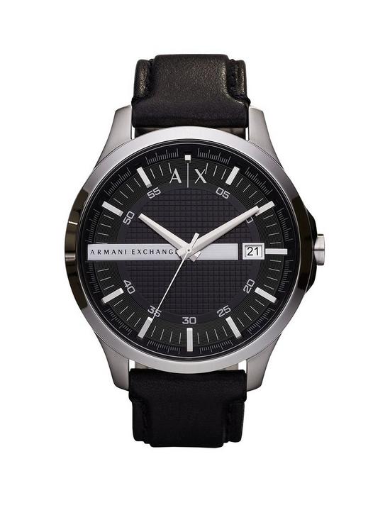 front image of armani-exchange-three-hand-black-leather-watch