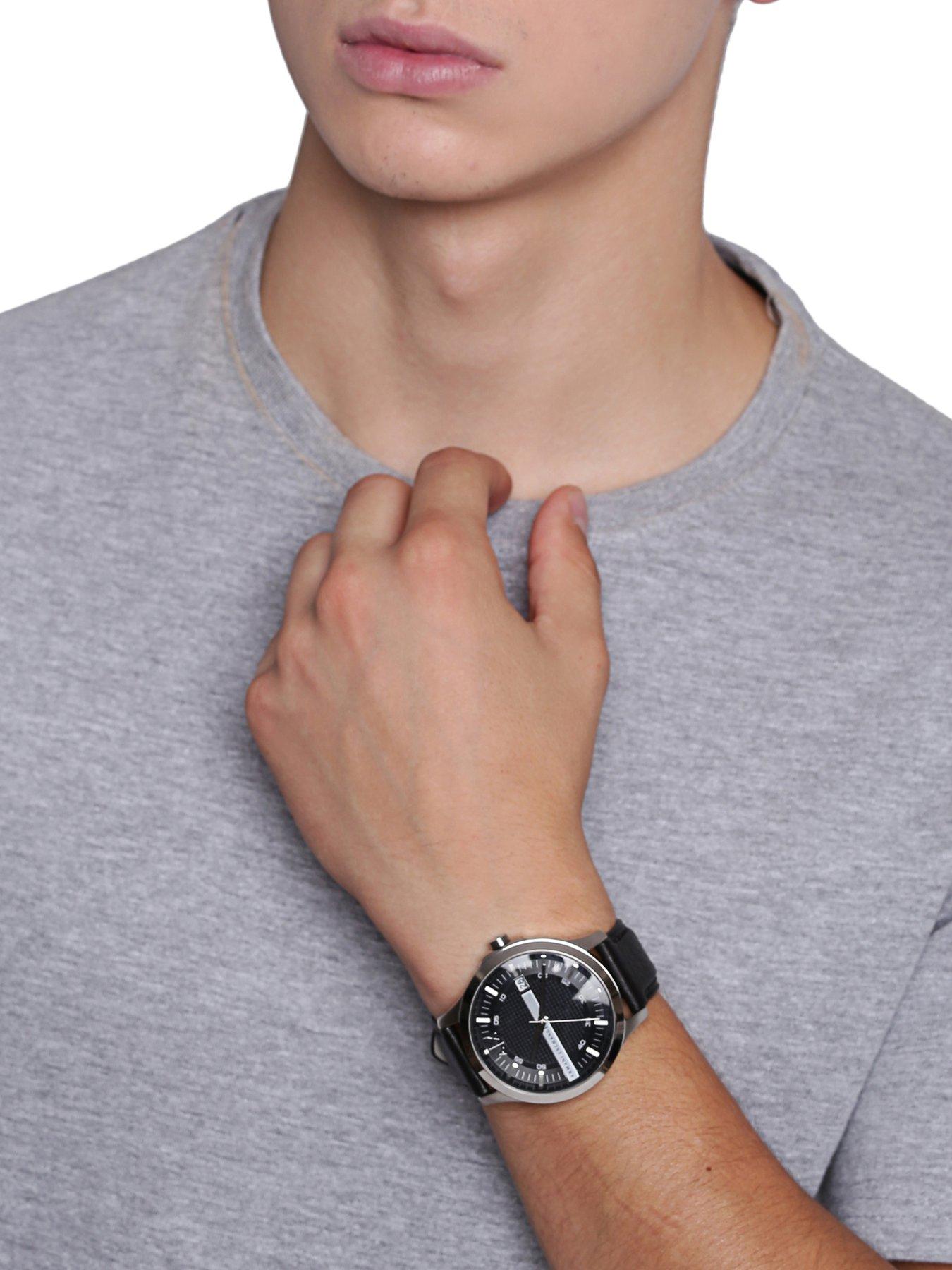 Armani Exchange Three-Hand Black Leather Watch 