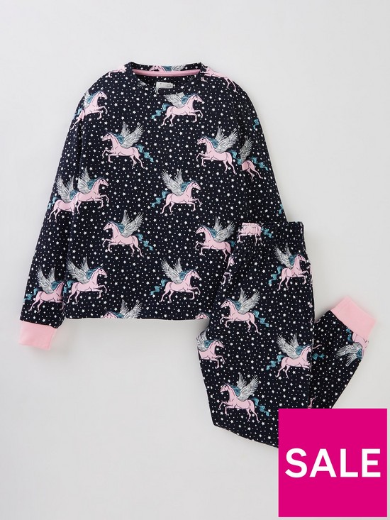 front image of chelsea-peers-girls-ditsy-unicorn-long-pyjama-set-navy