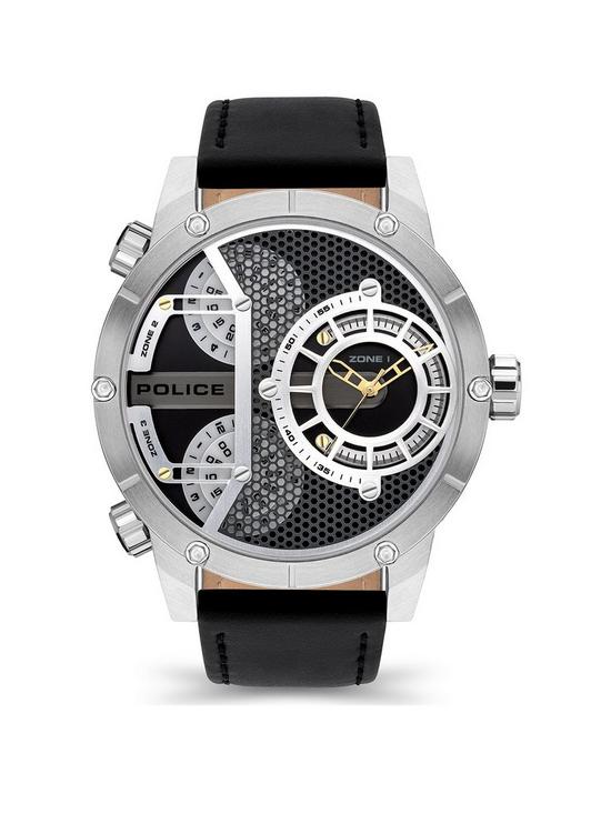 front image of police-vibe-mens-watch-with-black-leather-and-black-silver-gold-dial