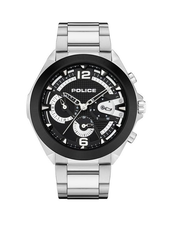 front image of police-zenith-mens-watch-with-stainless-steel-bracelet-and-blacksilver-dial