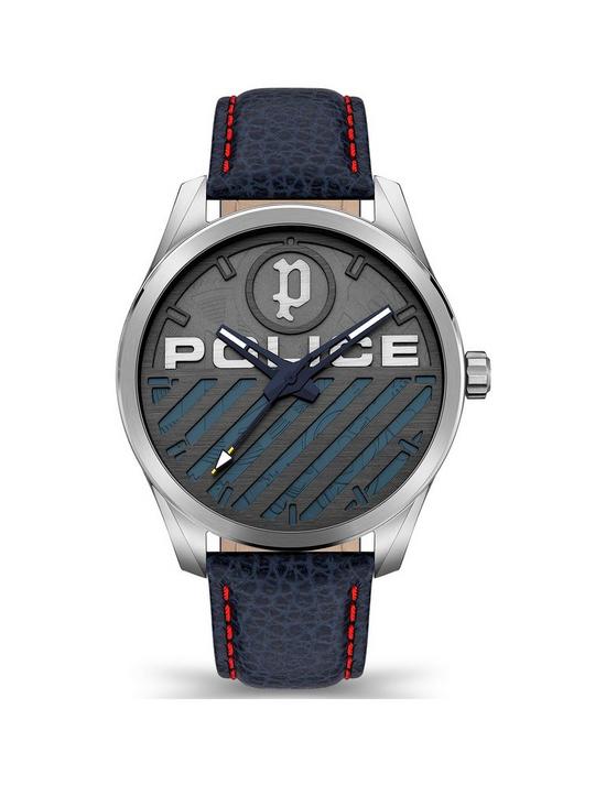 front image of police-grille-mens-watch-with-blue-leather-strap-and-blue-grey-dial