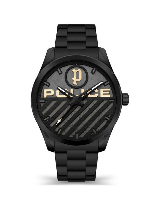 front image of police-grille-mens-watch-with-ip-black-metal-bracelet-and-grey-yellow-dial