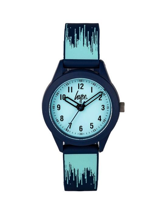 front image of hype-kids-aqua-and-navy-paint-drip-pattern-silicone-strap-with-aqua-dial