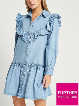 ri-petite-denim-frill-detail-shirt-dress--mid-blue