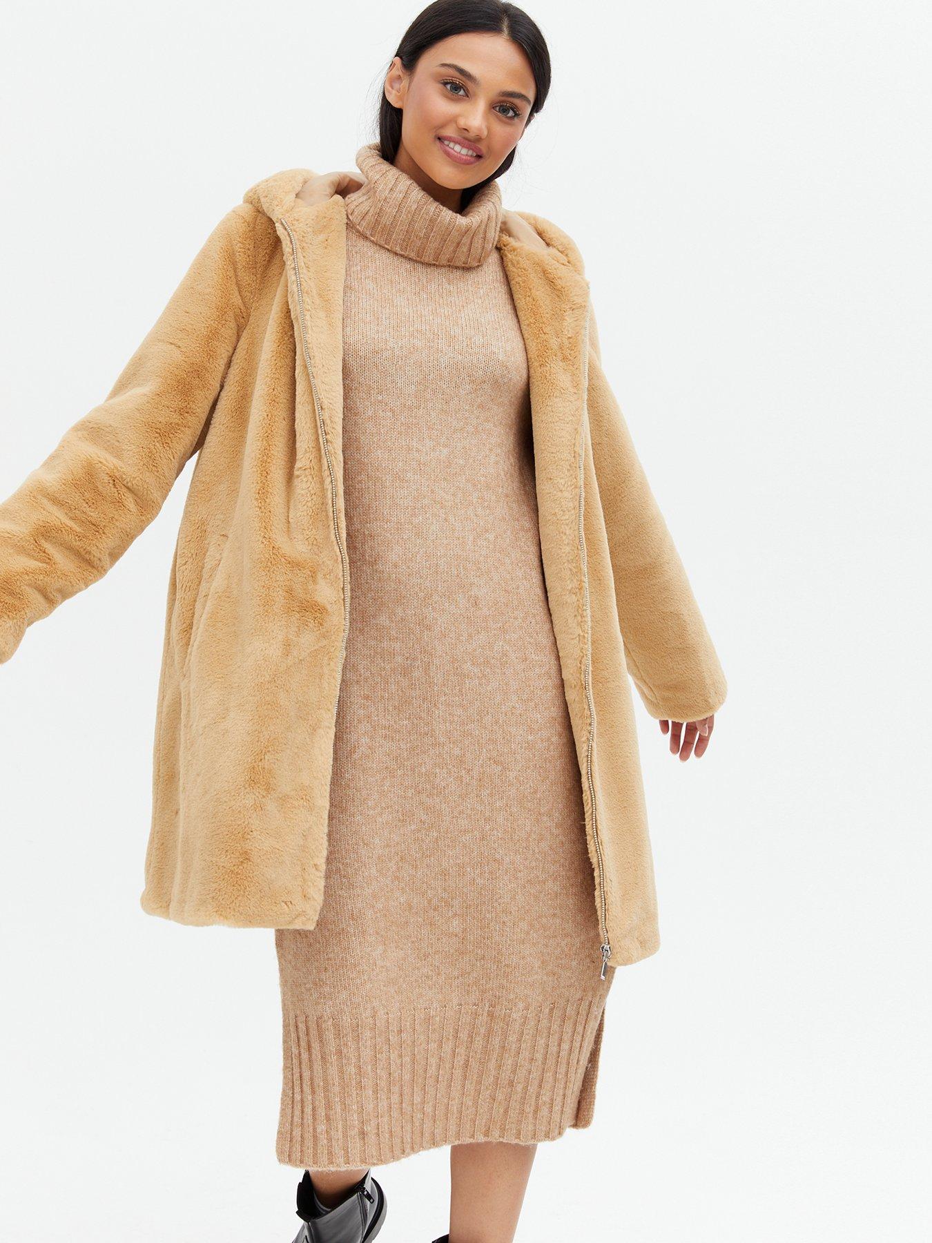 Coats & Jackets Faux Fur Zip Hooded Coat - Camel