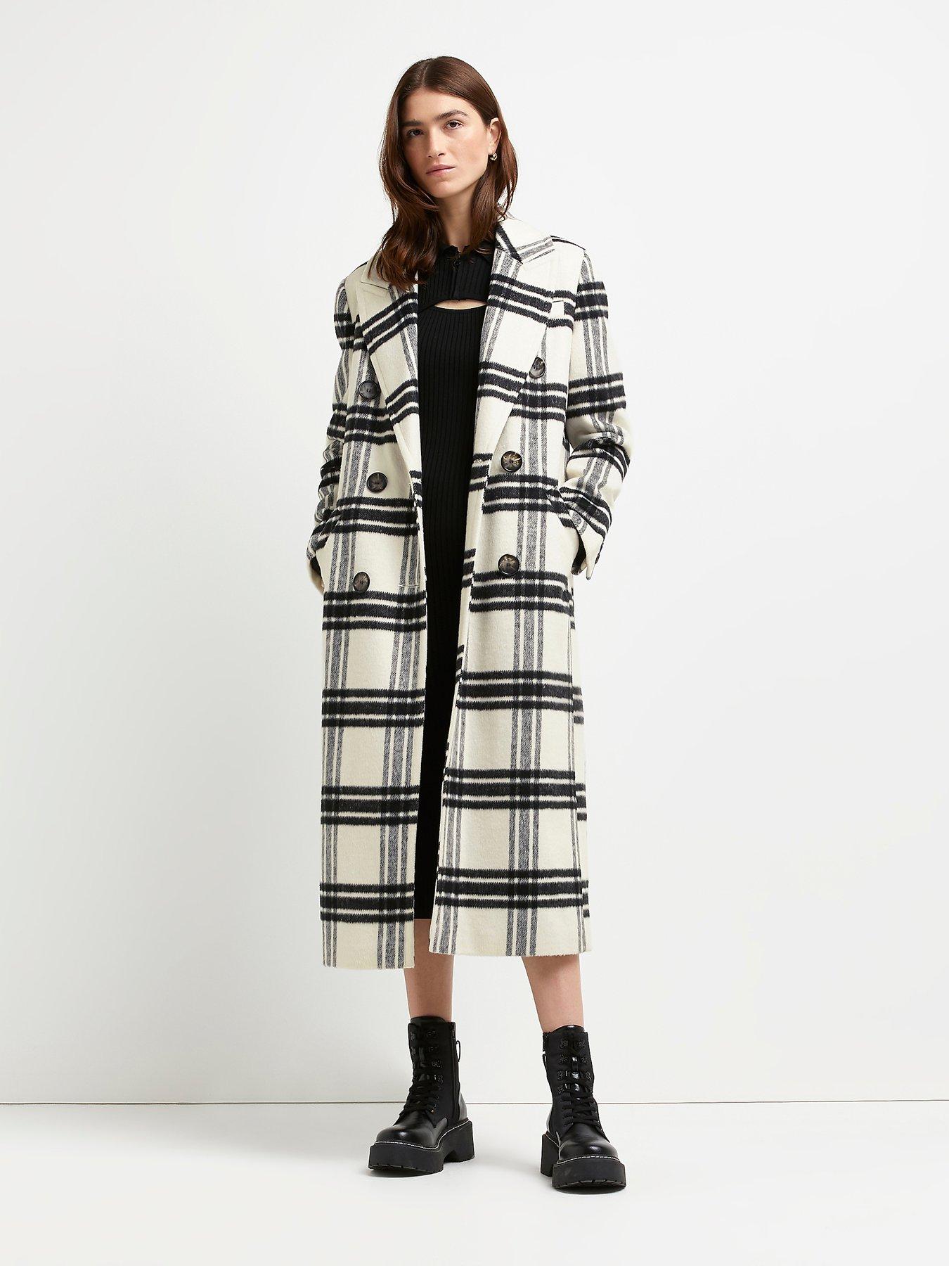  Double Breasted Longline Check Coat-cream