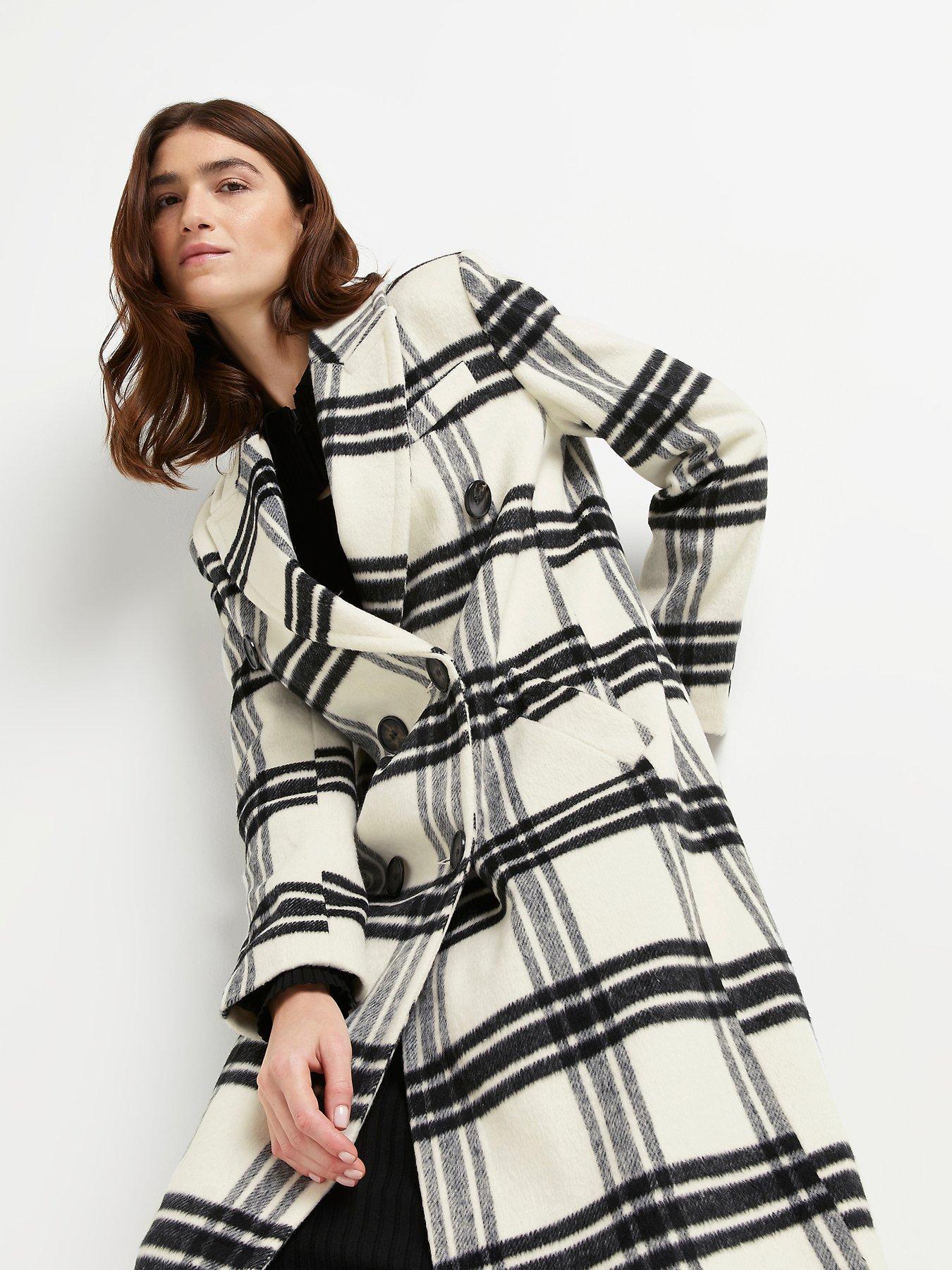  Double Breasted Longline Check Coat-cream
